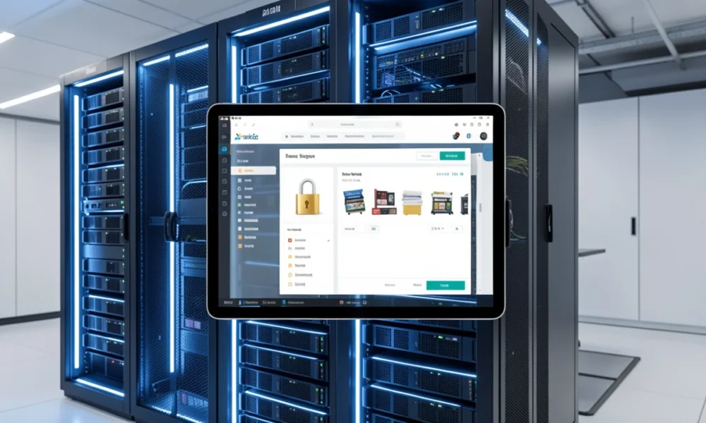VPS hosting e-commerce server rack with digital shopping cart overlay representing secure online transactions and dedicated resources for website performance