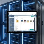 VPS hosting e-commerce server rack with digital shopping cart overlay representing secure online transactions and dedicated resources for website performance