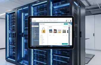 VPS hosting e-commerce server rack with digital shopping cart overlay representing secure online transactions and dedicated resources for website performance