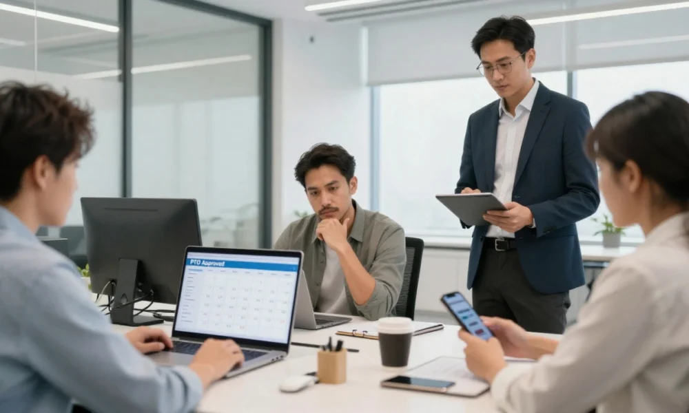 Vacation management software in use: team members coordinating employee PTO via laptop and smartphone in a modern office, alongside a traveler planning a trip using a mobile itinerary app in an airport lounge.