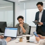 Vacation management software in use: team members coordinating employee PTO via laptop and smartphone in a modern office, alongside a traveler planning a trip using a mobile itinerary app in an airport lounge.