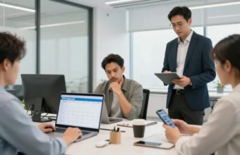 Vacation management software in use: team members coordinating employee PTO via laptop and smartphone in a modern office, alongside a traveler planning a trip using a mobile itinerary app in an airport lounge.
