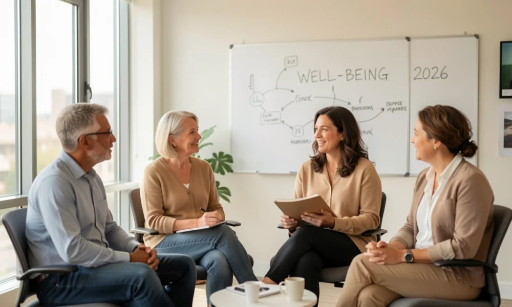 A diverse team in a sunlit modern office listens attentively to a female leader during a collaborative meeting, with a whiteboard displaying "WELL-BEING 2026" and strategic notes, representing a modern workplace mental health strategy focused on psychological safety and team communication.