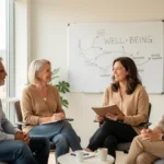A diverse team in a sunlit modern office listens attentively to a female leader during a collaborative meeting, with a whiteboard displaying "WELL-BEING 2026" and strategic notes, representing a modern workplace mental health strategy focused on psychological safety and team communication.