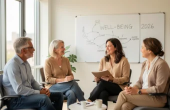A diverse team in a sunlit modern office listens attentively to a female leader during a collaborative meeting, with a whiteboard displaying "WELL-BEING 2026" and strategic notes, representing a modern workplace mental health strategy focused on psychological safety and team communication.