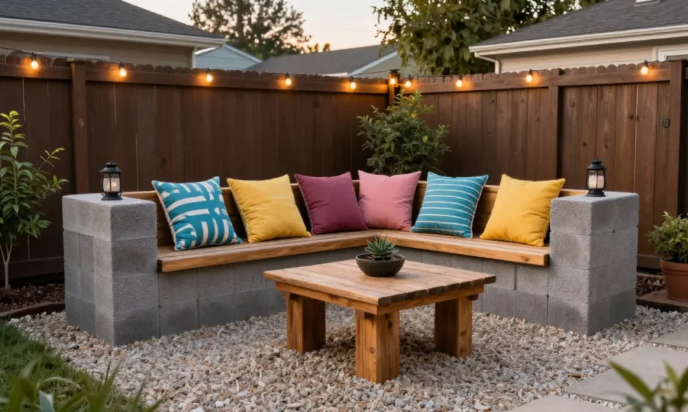 A cozy backyard seating area created with a DIY cinder block bench and pea gravel patio, featuring outdoor cushions and string lights, showcasing cheap backyard makeover ideas.