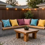 A cozy backyard seating area created with a DIY cinder block bench and pea gravel patio, featuring outdoor cushions and string lights, showcasing cheap backyard makeover ideas.