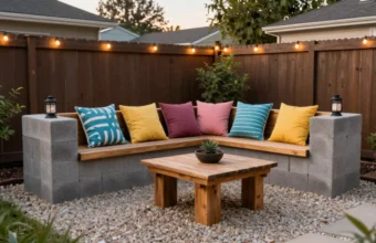 A cozy backyard seating area created with a DIY cinder block bench and pea gravel patio, featuring outdoor cushions and string lights, showcasing cheap backyard makeover ideas.