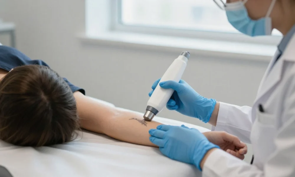 A patient consults with a specialist about cheap tattoo removal options during a laser treatment session in a clean, professional dermatology clinic.