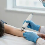 A patient consults with a specialist about cheap tattoo removal options during a laser treatment session in a clean, professional dermatology clinic.