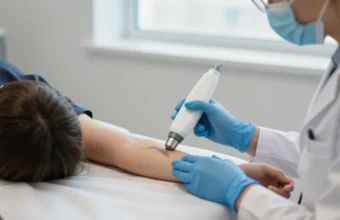 A patient consults with a specialist about cheap tattoo removal options during a laser treatment session in a clean, professional dermatology clinic.