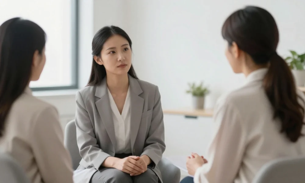 A therapist talking with a young man in a bright office, representing professional support for cocaine use disorder and addiction recovery.