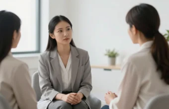 A therapist talking with a young man in a bright office, representing professional support for cocaine use disorder and addiction recovery.
