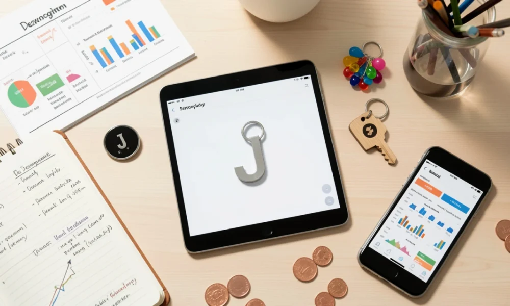 Flat lay workspace with tablet showing custom metal keychain design surrounded by physical keychain samples, smartphone displaying social media analytics, and notebook with consumer insights, representing custom keychain market research and product development strategy.