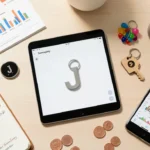 Flat lay workspace with tablet showing custom metal keychain design surrounded by physical keychain samples, smartphone displaying social media analytics, and notebook with consumer insights, representing custom keychain market research and product development strategy.