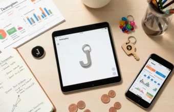 Flat lay workspace with tablet showing custom metal keychain design surrounded by physical keychain samples, smartphone displaying social media analytics, and notebook with consumer insights, representing custom keychain market research and product development strategy.