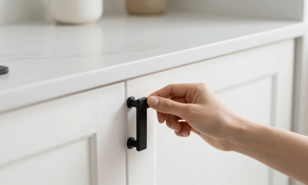 Homeowner installing new matte black cabinet hardware on a white kitchen cabinet during a weekend DIY home improvement project to upgrade kitchen style and functionality.