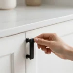Homeowner installing new matte black cabinet hardware on a white kitchen cabinet during a weekend DIY home improvement project to upgrade kitchen style and functionality.
