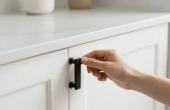 Homeowner installing new matte black cabinet hardware on a white kitchen cabinet during a weekend DIY home improvement project to upgrade kitchen style and functionality.