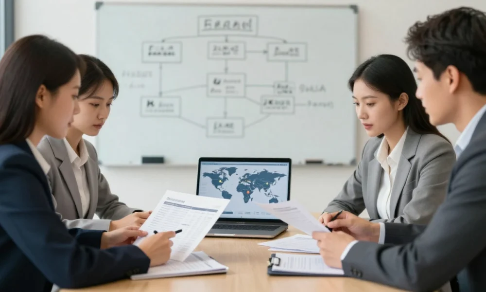 A diverse team of business professionals reviews global payroll tax reports on a laptop and printed documents during a strategy meeting in a modern office, focusing on 2026 compliance requirements.