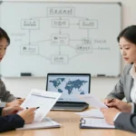 A diverse team of business professionals reviews global payroll tax reports on a laptop and printed documents during a strategy meeting in a modern office, focusing on 2026 compliance requirements.