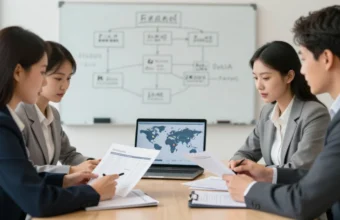 A diverse team of business professionals reviews global payroll tax reports on a laptop and printed documents during a strategy meeting in a modern office, focusing on 2026 compliance requirements.
