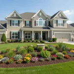 Modern suburban house with new garage door, stone veneer, solar panels, and professional landscaping, representing strategic home improvements that increase property value.