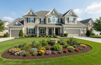 Modern suburban house with new garage door, stone veneer, solar panels, and professional landscaping, representing strategic home improvements that increase property value.