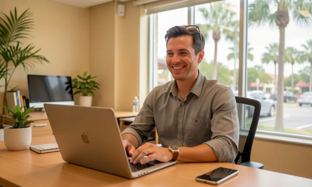 Young business owner working on laptop at desk with Florida flag and notebook, representing small business startup guide and entrepreneurship in Florida, step-by-step process for how to start an LLC in Florida, Florida Division of Corporations Sunbiz registration, professional services and new business formation in Miami or Tampa