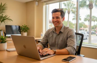 Young business owner working on laptop at desk with Florida flag and notebook, representing small business startup guide and entrepreneurship in Florida, step-by-step process for how to start an LLC in Florida, Florida Division of Corporations Sunbiz registration, professional services and new business formation in Miami or Tampa