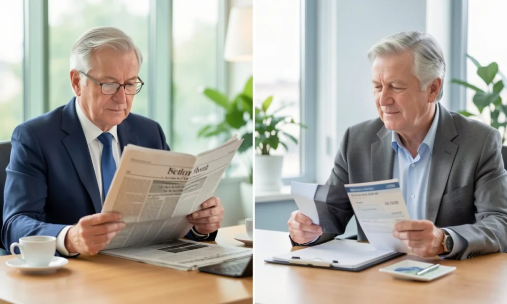 Visual comparison of income vs growth investing strategies, showing a relaxed man reviewing dividend income on the left and a focused woman monitoring stock market growth charts on the right.