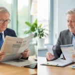 Visual comparison of income vs growth investing strategies, showing a relaxed man reviewing dividend income on the left and a focused woman monitoring stock market growth charts on the right.