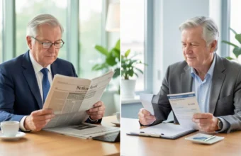 Visual comparison of income vs growth investing strategies, showing a relaxed man reviewing dividend income on the left and a focused woman monitoring stock market growth charts on the right.