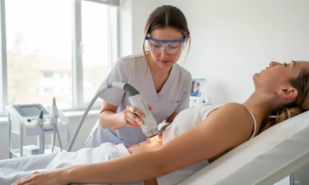Laser hair removal treatment being performed on a patient's underarm area by a medical professional in a clinical setting