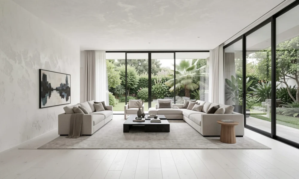 Serene quiet luxury living room interior design in 2026 featuring floor-to-ceiling windows, natural white oak flooring, textured plaster walls, and plush neutral linen furniture, embodying modern wellness-focused and biophilic design trends.