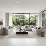 Serene quiet luxury living room interior design in 2026 featuring floor-to-ceiling windows, natural white oak flooring, textured plaster walls, and plush neutral linen furniture, embodying modern wellness-focused and biophilic design trends.