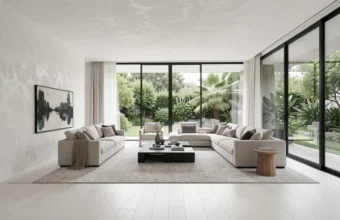 Serene quiet luxury living room interior design in 2026 featuring floor-to-ceiling windows, natural white oak flooring, textured plaster walls, and plush neutral linen furniture, embodying modern wellness-focused and biophilic design trends.