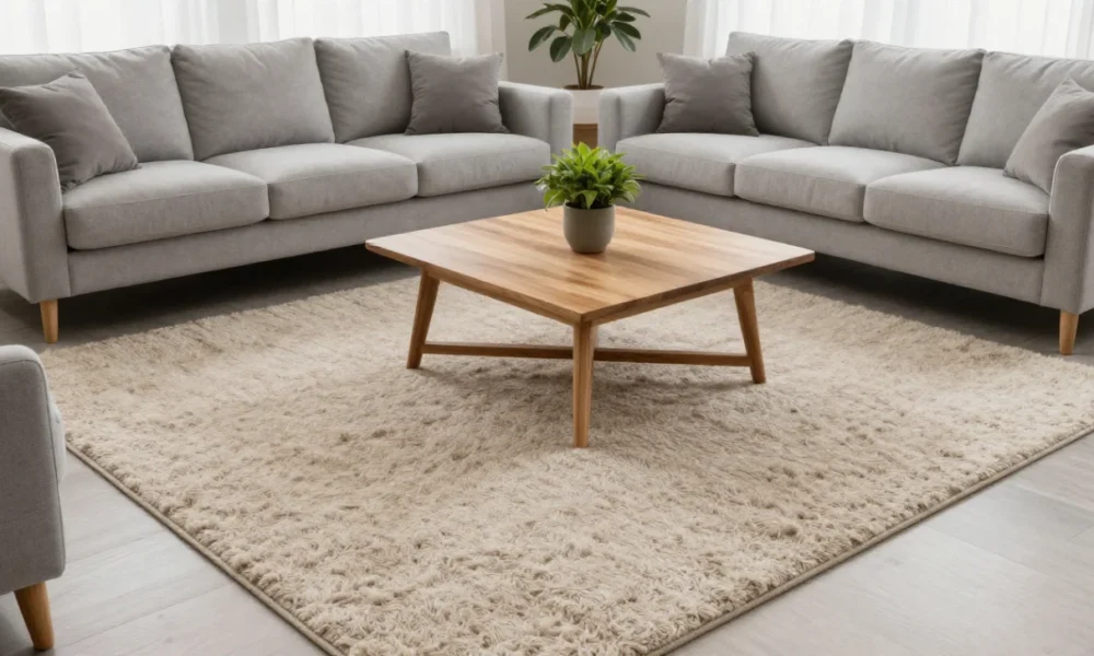 Modern living room with large textured neutral wool area rug anchored under front legs of gray sofa and armchair, featuring natural light and minimalist decor