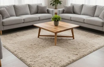 Modern living room with large textured neutral wool area rug anchored under front legs of gray sofa and armchair, featuring natural light and minimalist decor