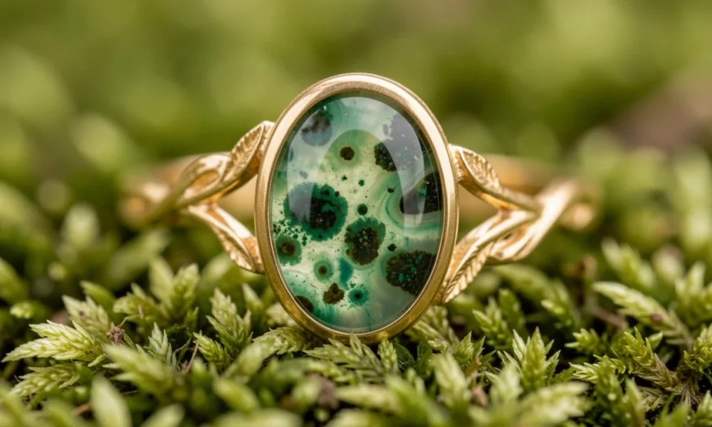 Nature-inspired moss agate engagement ring with green inclusions set in a yellow gold branch and leaf band, resting on moss and ferns for a spring botanical concept.
