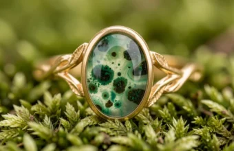 Nature-inspired moss agate engagement ring with green inclusions set in a yellow gold branch and leaf band, resting on moss and ferns for a spring botanical concept.