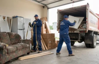 Professional junk removal team in uniforms loading furniture and construction debris into a truck during a residential garage cleanout service.