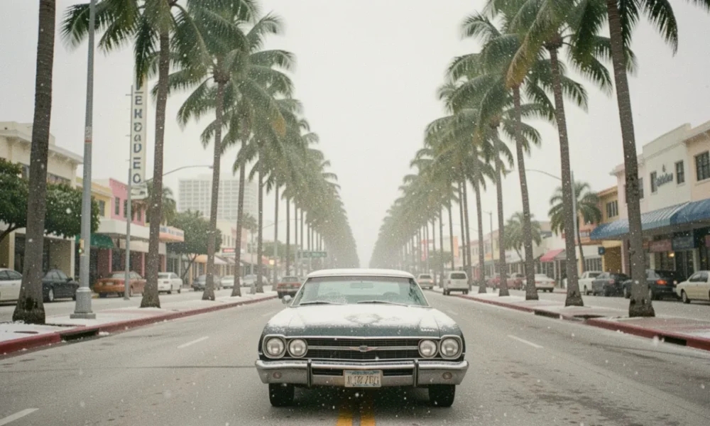 Rare snow falling on palm trees and a sandy beach in Miami, Florida, on January 19, 1977, the only confirmed snowfall in the city's recorded history.