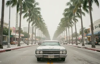 Rare snow falling on palm trees and a sandy beach in Miami, Florida, on January 19, 1977, the only confirmed snowfall in the city's recorded history.