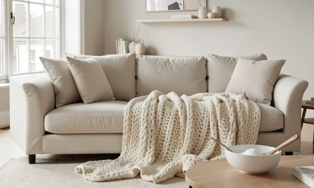 A bright, airy living room featuring a well-maintained light-beige linen sofa with fluffed cushions, a cream throw blanket, and a jute basket, illustrating effective sofa maintenance and home care.