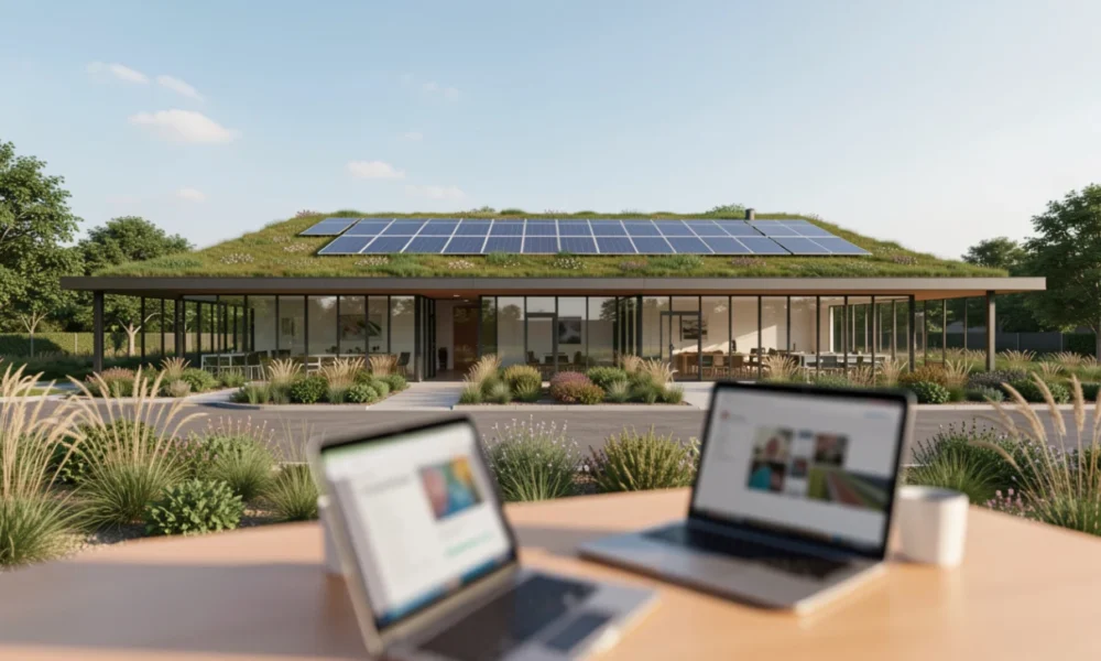 sustainable 3D rendering of a modern office building with integrated solar panels and green roof, displayed on a laptop screen with energy performance data