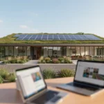 sustainable 3D rendering of a modern office building with integrated solar panels and green roof, displayed on a laptop screen with energy performance data