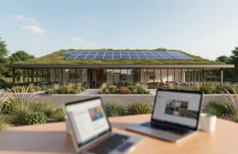 sustainable 3D rendering of a modern office building with integrated solar panels and green roof, displayed on a laptop screen with energy performance data