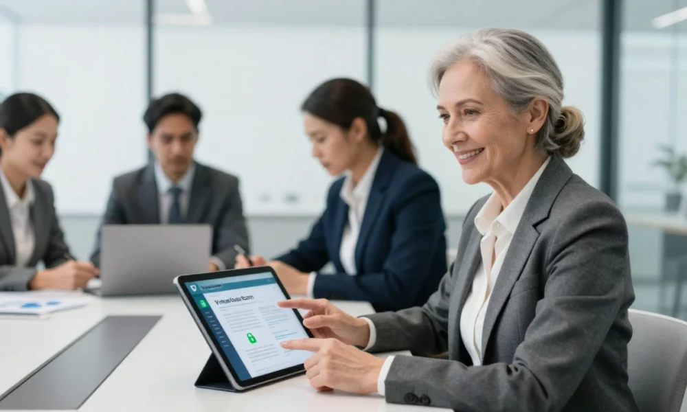 Business team conducting due diligence using a Virtual Data Room on a laptop and tablet in a modern conference room, highlighting secure document sharing and collaboration for mergers and acquisitions.