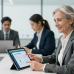 Business team conducting due diligence using a Virtual Data Room on a laptop and tablet in a modern conference room, highlighting secure document sharing and collaboration for mergers and acquisitions.